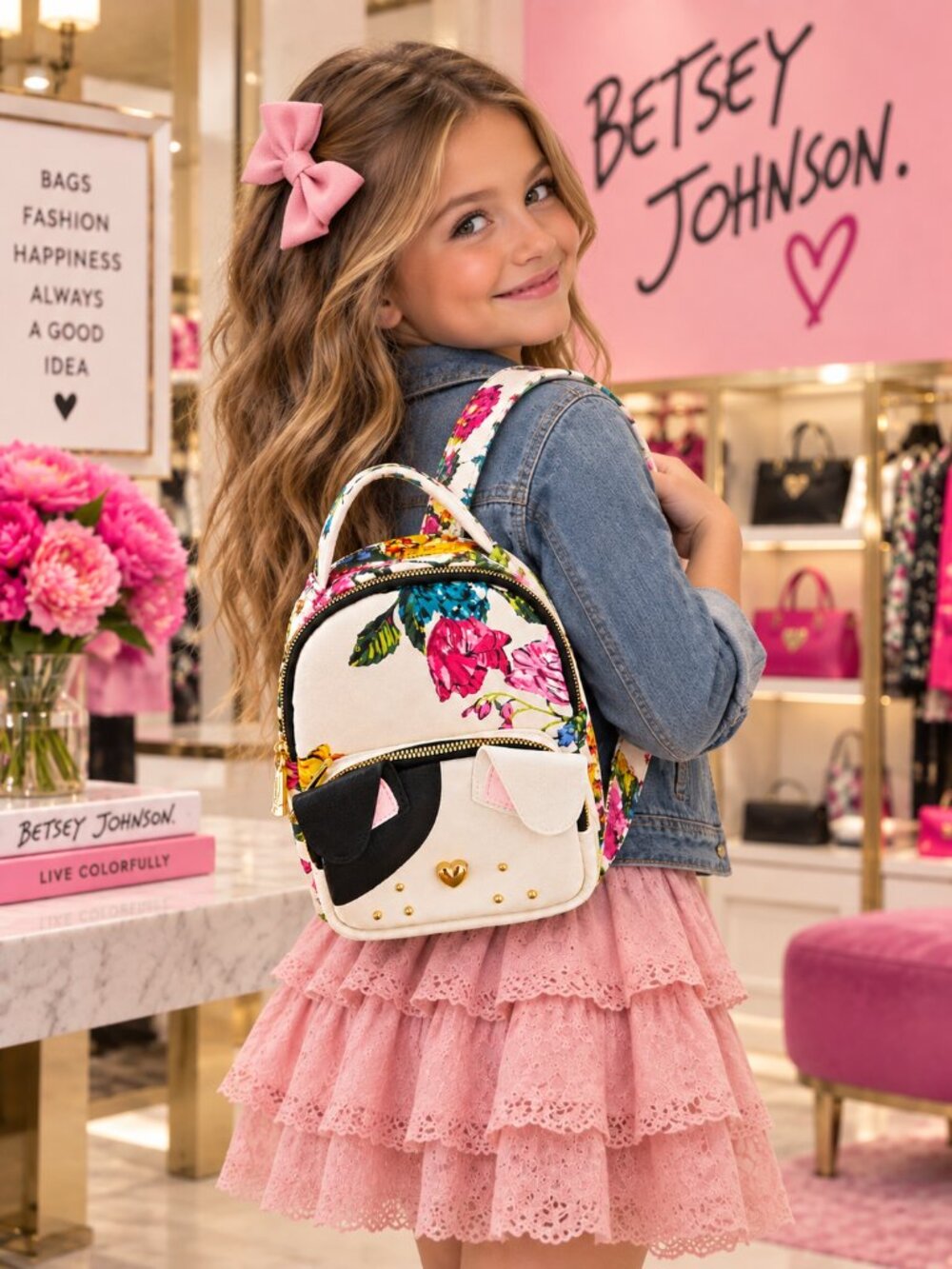 BETSEY JOHNSON Kitsch Puppy Dog Floral Mini Backpack Gold Heart
